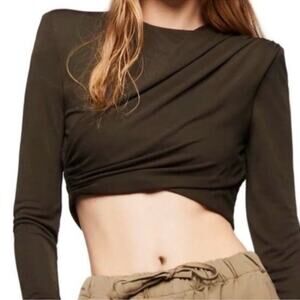 Zara Olive Green Asymmetrical Ruched Draped Crop Top Size XLARGE